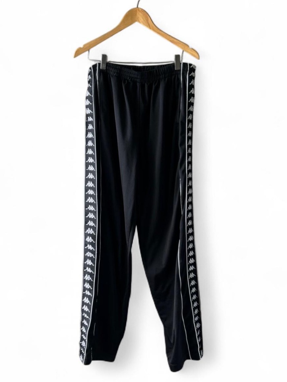 Vintage Kappa Black Track Snap Tear Away Pants Banda Logo Tape Elastic Waist XL